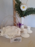 Milk Glass lot, Fenton silvercrest baskets, Hobnail candle sticks, vase