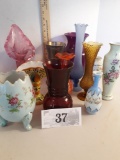 glass and ceramic vase lot, ruby red, cranberry, amber, hand painted