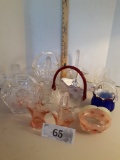 Basket Lot, 2 pink glass, Hofeauer Bird, Red glass handle, Cased Blue Glass Basket Hand Blown