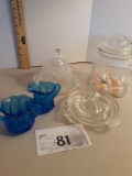 Avon Cheese Dome, Colbalt glass Creamer and Suger, Vintage Juicer, Square Apothecary Bottle