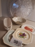 Ceramic Corn Holder,2 Johnson Bros Decorative Plates, 2 Plastic Platters, etc