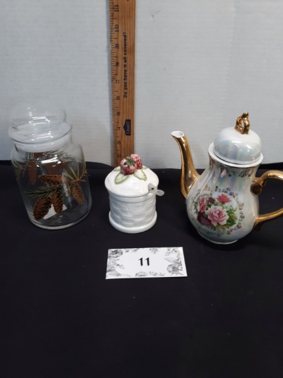 Jar w/Lid w/painted pine cones, jelly server, Deocrative Tea Pot