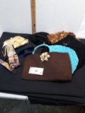 4 purses, ties, vintage hat