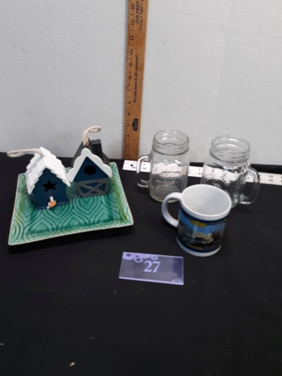Glass Dish,  2 Small Bird Houses, Coffee Cup and 2 Mugs