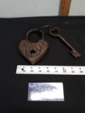 Cast Iron Heart Lock with Key, Decorative Only,