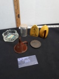 Misc Lot, salt and pepper, ash tray, funnel, vintage snuff can top