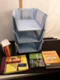 blue plastic rack with misc items