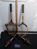 2 vintage tennis rackets, vintage dumbbells