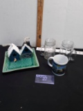 Glass Dish,  2 Small Bird Houses, Coffee Cup and 2 Mugs
