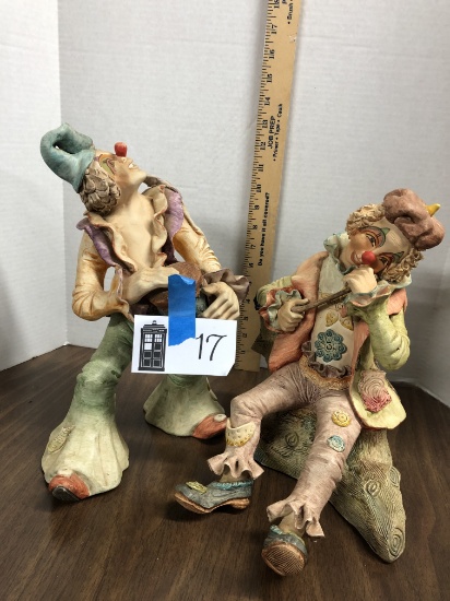 Two handpainted ceramic clown figurines, Made in Columbia, some damage, handpainted heavy clown