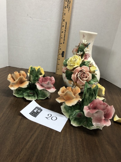 Three capodimonte pieces, two candle holders, one vase, some petal damage