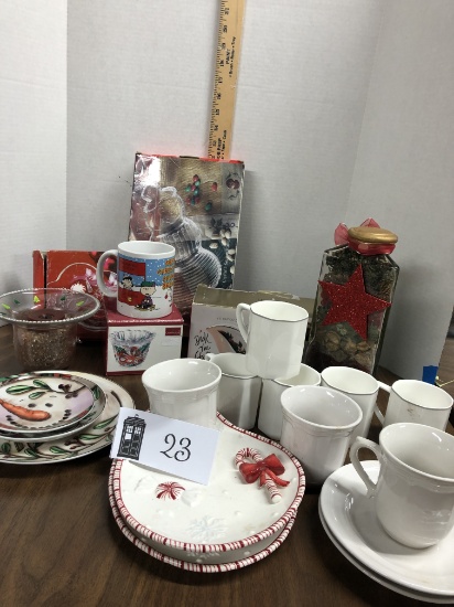 Christmas Lot, dishes, snowman display dishes, serving dishes, etc