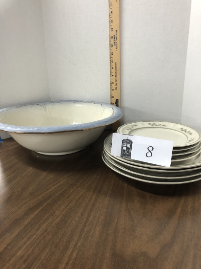 wash bowl and four dinner plates, four bread plates