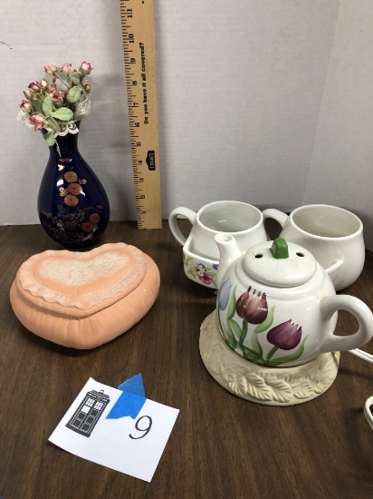 misc lot, clay heart box, snack teacup, teapot warmer, vase