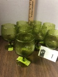 eight glasses, wine, midcentury, green textured