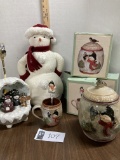 Snowman Lot, Hand painted Ceramic Mugs (3), Candy Jar, Lamp, Plushie