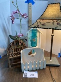 Decor Lot, Lamp, Orchid, Bird feeder, twig bench, wood shelf