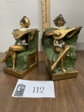 Harlequin Minstrel Bookends, metal, 1 has been repaired