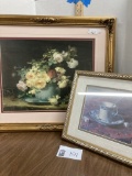 2 Pictures, Wood Frames, Flowers and Tea Cup