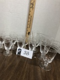 Tiffin-Franciscan, Woodstock pattern, Crystal, six Juice glasses, three water goblets