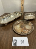 Silverplate, three serving dishes, long boat on legs, plate, bowl