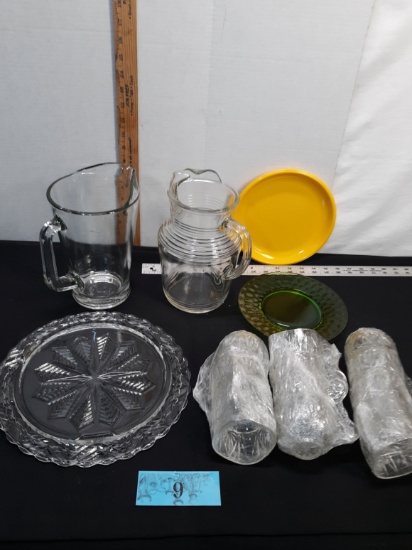 Glass Lot, 2 pitcher, plates, punch bowl cups