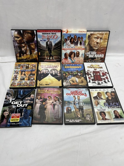 (12) DVDs/Mr 3000, Live Free or Die Hard, The Cookout, Get Out, ETC