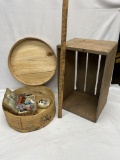 Box Lot/Wood Hoop Cheese Box with Contents and Old Wood Crate