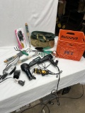 Orange Pet Crate Full of Stuff/Gardening Tools, Hair Dryer, Clippers, Pressing Comb, ETC