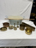 Box Lot/Metal Décor Bucket, Brass Items, Candle Holders, ETC