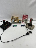 Box Lot/Old Controllers (Joy Sticks), Old Tin Piggy Bank, Old Hot Wheels, ETC