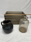 Vintage Wooden Crate with Vintage Crock Pitcher and Jug