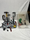 Box Lot of Tools/C Clamps, Hammers, Pad Lock, Wire Cutters, Old Outers Gun Cleaning Oil