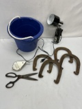 Box Lot/Small Blue Bucket Full (Horseshoes, Clamp Lights, Chalk Box, ETC)