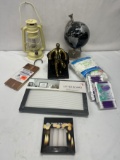 Box Lot of Stuff/LED Lantern (Works), Globe, Q Tips, Brass Prez Lincoln on Chair, ETC