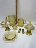 Vintage Federal Glass Yellow Madrid Pattern Pitchers, Candle Holders, Salt & Pepper Shakers