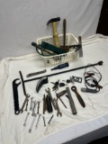 White Tote Full of Tools/Wrenches, Water Shut Off Tool, Starter Remote, CAT Key, Hyster Key, ETC