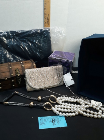 Crystal Covered Dish, Jeweled Handbag, Costume Jewerly, fabric storage box, travel blanket