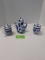 blue and white Asian dish lot, teapot and two lidded dishes