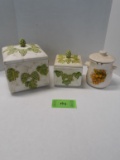 Two Canisters, ceramic, grapes motif square, one canister with sifter, round lemons