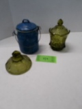 Fostoria Coin pattern, Green glass, candy box with lid, lid, blue enamel splatterware handled contai