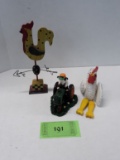 Two wooden chickens, cow on tractor figure