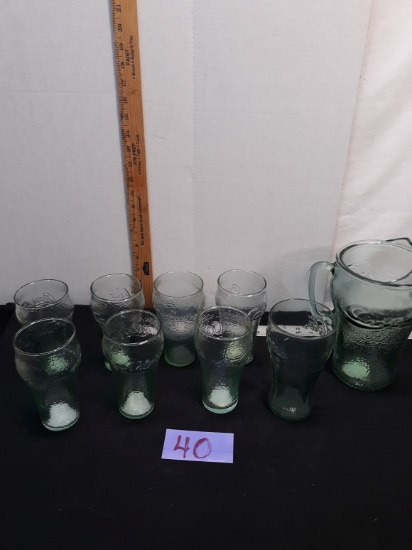 Coke Pitcher w/7 matching glasses, 1 Coke Glass