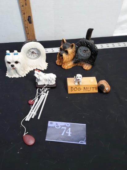 Dog Lovers Lot, 2 clocks (1 missing tail), wind chime, etc