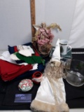 Christmas Lot, linens, angel tree topper, coffee cup set, wreath coasters, etc