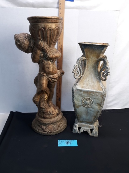 Metal decorative vase, and boy bowl figurine with crack, large and heavy