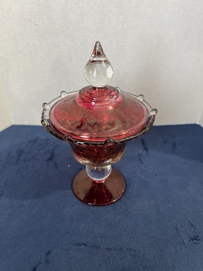 Vintage Paden City Cranberry Gazebo Covered Candy Dish