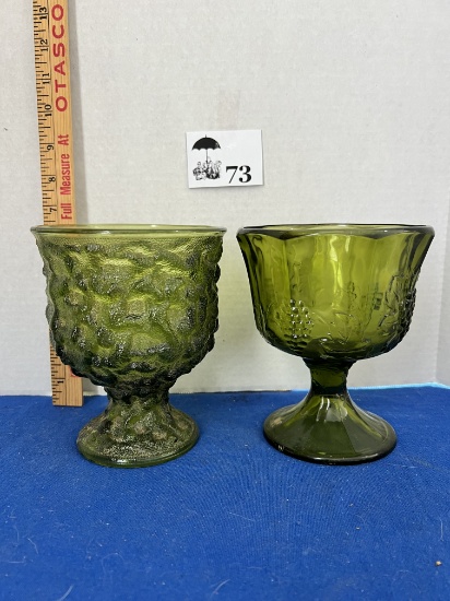 Vintage Avocado Green Pressed Glass Footed Compote & Indiana Glass Colony Harvest Compote