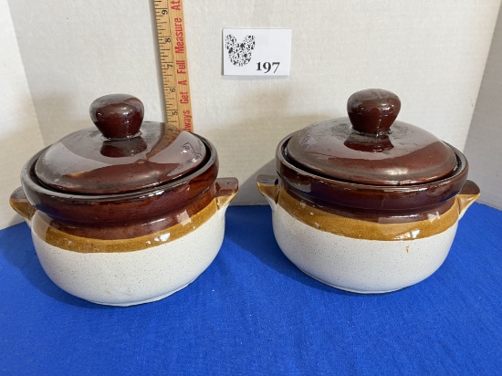 2 Vintage Clay Crocks w/ Lids