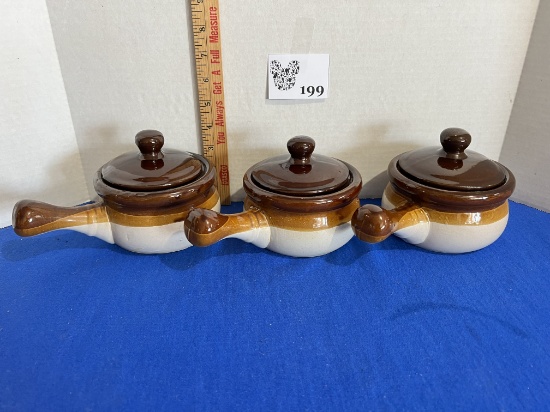 3 Vintage Clay Soup Crocks w/ Lids